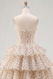 Robe de balaise à étages en chiffon à pois noirs abricot avec nœud