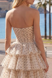 Robe de balaise à étages en chiffon à pois noirs abricot avec nœud