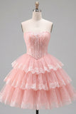 Corset fleuri en tulle en ligne A rose robe de bal à étages