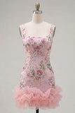 Robe de rentrée rose à col carré avec paillettes florales bodycon volants