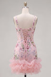 Robe de rentrée rose à col carré avec paillettes florales bodycon volants