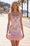 Robe de rentrée rose à col carré avec paillettes florales bodycon volants