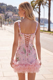 Robe de rentrée rose à col carré avec paillettes florales bodycon volants