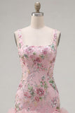 Robe de rentrée rose à col carré avec paillettes florales bodycon volants