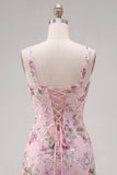Robe de rentrée rose à col carré avec paillettes florales bodycon volants