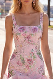 Robe de rentrée rose à col carré avec paillettes florales bodycon volants