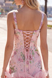 Robe de rentrée rose à col carré avec paillettes florales bodycon volants