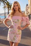 Robe de rentrée à la maison rose bodycon, épaule dénudée, florales avec des sequins