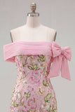 Robe de rentrée à la maison rose bodycon, épaule dénudée, florales avec des sequins