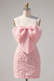 Robe de rentrée rose bodycon à bretelles fines fines perlées avec nœud
