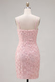 Robe de rentrée rose bodycon à bretelles fines fines perlées avec nœud