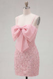 Robe de rentrée rose bodycon à bretelles fines fines perlées avec nœud