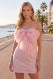 Robe de rentrée rose bodycon à bretelles fines fines perlées avec nœud