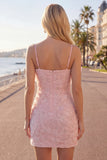 Robe de rentrée rose bodycon à bretelles fines fines perlées avec nœud