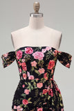 Robe noire bodycon, moulante à fleurs de fin d’année, avec une écharpe