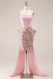 Corset rose bodycon fleuri bustier sans bretelles avec nœud d’accueil