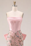 Corset rose bodycon fleuri bustier sans bretelles avec nœud d’accueil