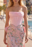 Corset rose bodycon fleuri bustier sans bretelles avec nœud d’accueil