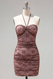 Robe de bal de la rentrée à col cou cou en chocolat bodycon, froncée et perlée