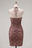 Robe de bal de la rentrée à col cou cou en chocolat bodycon, froncée et perlée