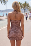 Robe de bal de la rentrée à col cou cou en chocolat bodycon, froncée et perlée