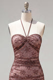 Robe de bal de la rentrée à col cou cou en chocolat bodycon, froncée et perlée