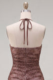 Robe de bal de la rentrée à col cou cou en chocolat bodycon, froncée et perlée