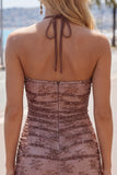 Robe de bal de la rentrée à col cou cou en chocolat bodycon, froncée et perlée