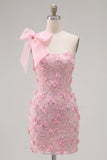 Robe de rentrée à la maison bodycon rose 3D fleurie à nœud d’épaule