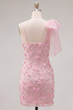 Robe de rentrée à la maison bodycon rose 3D fleurie à nœud d’épaule