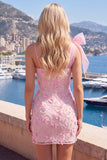 Robe de rentrée à la maison bodycon rose 3D fleurie à nœud d’épaule