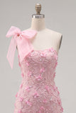 Robe de rentrée à la maison bodycon rose 3D fleurie à nœud d’épaule