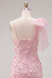 Robe de rentrée à la maison bodycon rose 3D fleurie à nœud d’épaule