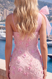 Robe de rentrée à la maison bodycon rose 3D fleurie à nœud d’épaule