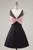 Robe de fin d’année noire rose à col en V et demi-ruisseau avec des strass
