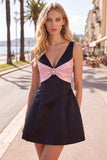 Robe de fin d’année noire rose à col en V et demi-ruisseau avec des strass