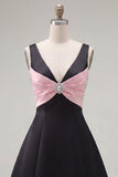 Robe de fin d’année noire rose à col en V et demi-ruisseau avec des strass