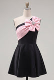 Robe de fin d’année noire rose en ligne en A à une épaule avec une fleur 3D