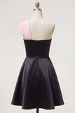 Robe de fin d’année noire rose en ligne en A à une épaule avec une fleur 3D