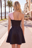 Robe de fin d’année noire rose en ligne en A à une épaule avec une fleur 3D
