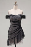 Robe de bal asymétrique en tulle noir bodycon épaule découverte avec volants