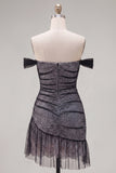Robe de bal asymétrique en tulle noir bodycon épaule découverte avec volants