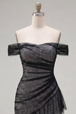 Robe de bal asymétrique en tulle noir bodycon épaule découverte avec volants