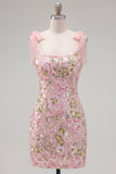 Robe romantique rose à sequins fleurs, brodée à fleurs, avec lanières à nœud papillon
