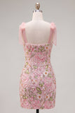 Robe romantique rose à sequins fleurs, brodée à fleurs, avec lanières à nœud papillon