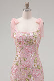 Robe romantique rose à sequins fleurs, brodée à fleurs, avec lanières à nœud papillon