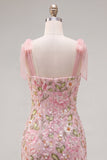 Robe romantique rose à sequins fleurs, brodée à fleurs, avec lanières à nœud papillon