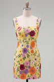Robe de rentrée à la maison bodycon bodycon jaune à col carré avec broderie