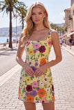 Robe de rentrée à la maison bodycon bodycon jaune à col carré avec broderie