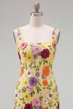 Robe de rentrée à la maison bodycon bodycon jaune à col carré avec broderie